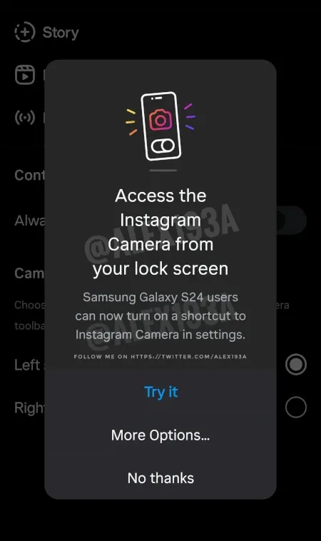 Samsung Galaxy S24 камера Instagram на экране блокировки