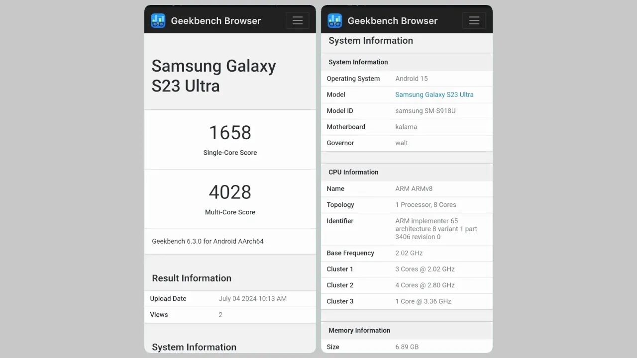 Samsung Galaxy S23 Ultra One UI 7 (Android 15) Geekbench