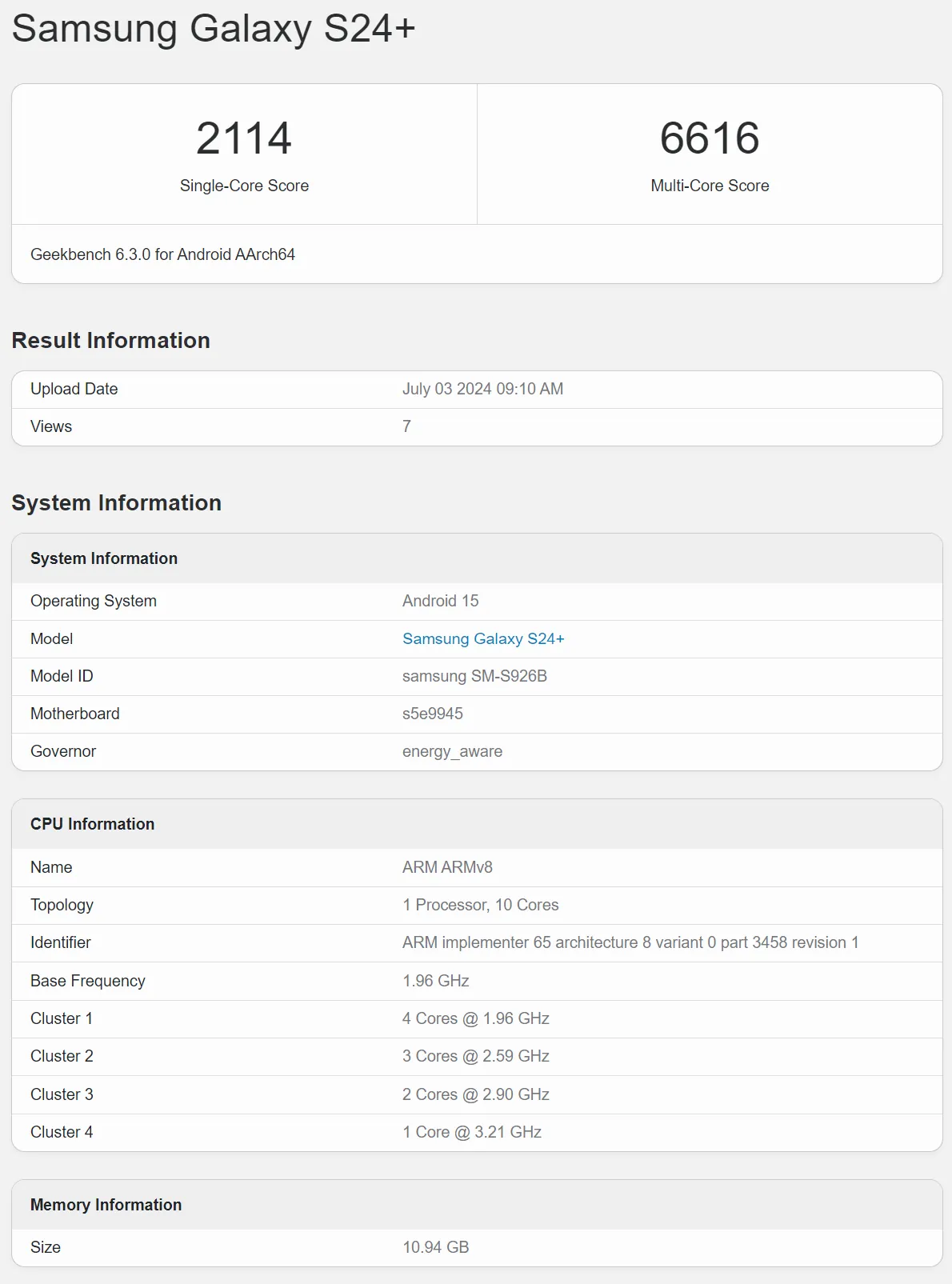 Samsung Galaxy S24 Plus Geekbench