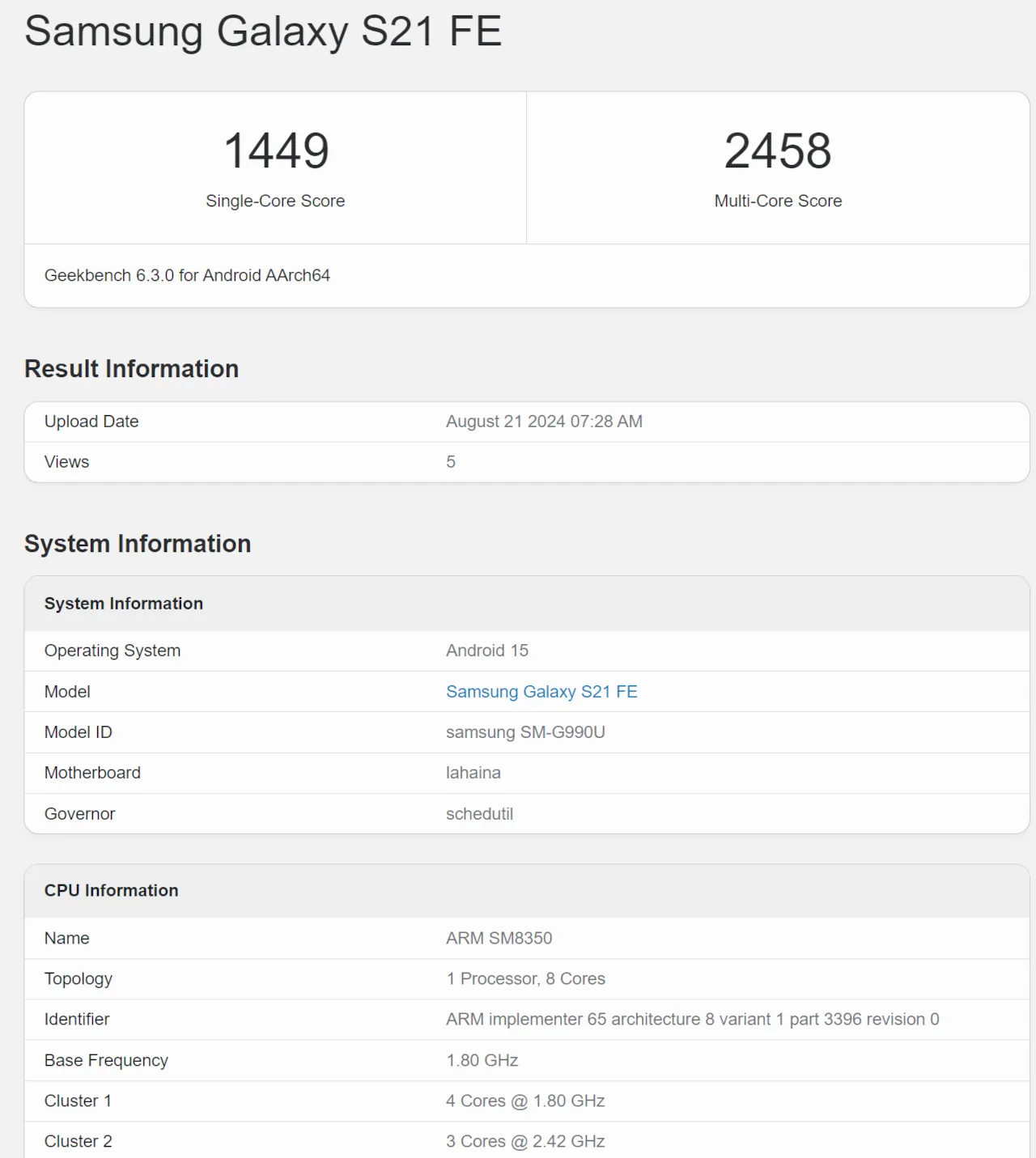 Galaxy S21 FE Geekbench