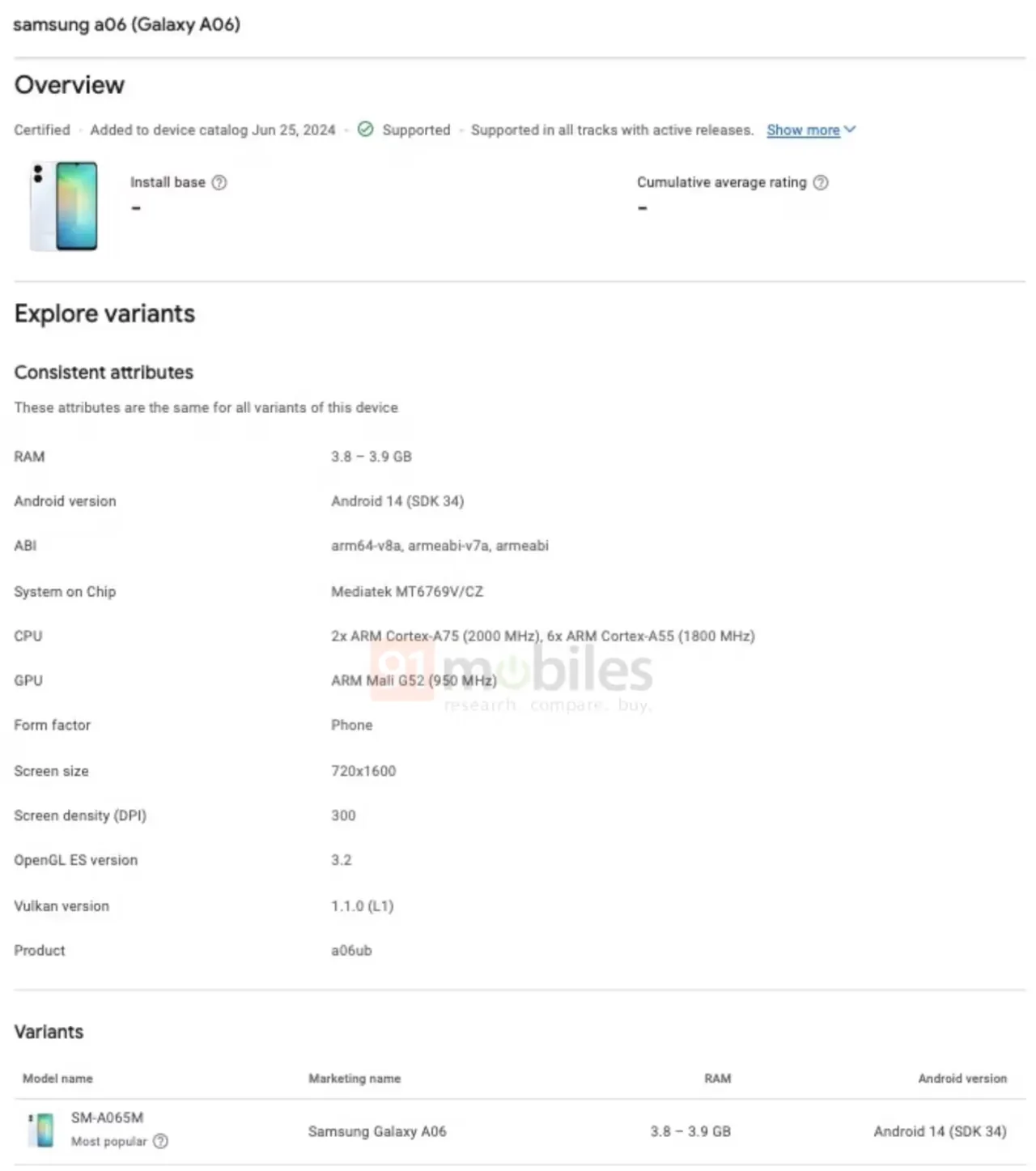 Samsung Galaxy A06, Google Play Console listing