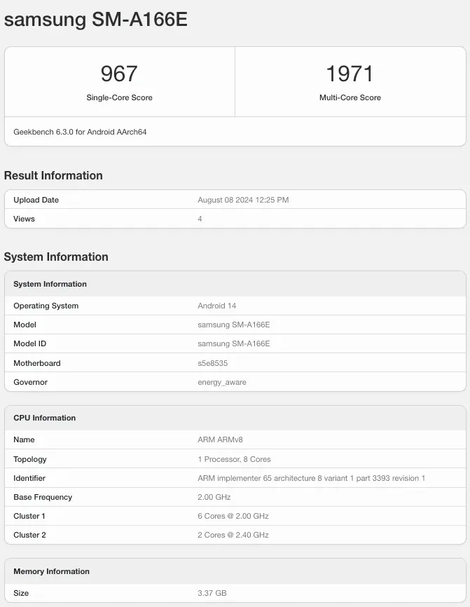 Samsung Galaxy A16 5G, Geekbench, международная версия