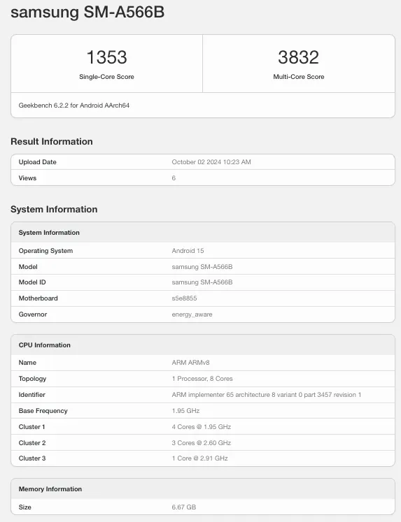 Samsung Galaxy A56 Geekbench